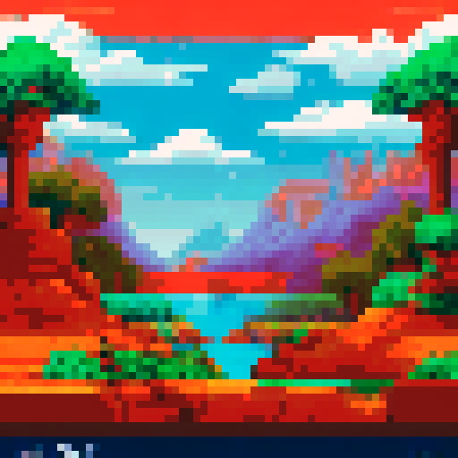 UI window panel, vibrant colors, retro pixel art style, detailed icons, clean lines, sRGB color profile, layered design, seamless integration, background elements, landscape scenery, nostalgic feel, carefully crafted pixels, immersive user experience, artistic composition, visually appealing, visually stunning, attention to detail, smooth transitions, interactive buttons, intuitive navigation