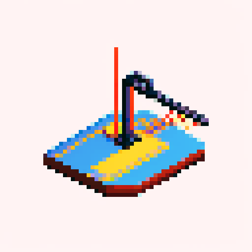 grappling hook, pixelated rope, vibrant colors, detailed metal, retro game style, isometric view, textured handle, 8-bit pixels, shiny metallic, intricate mechanism, sharp hooks, minimalistic design