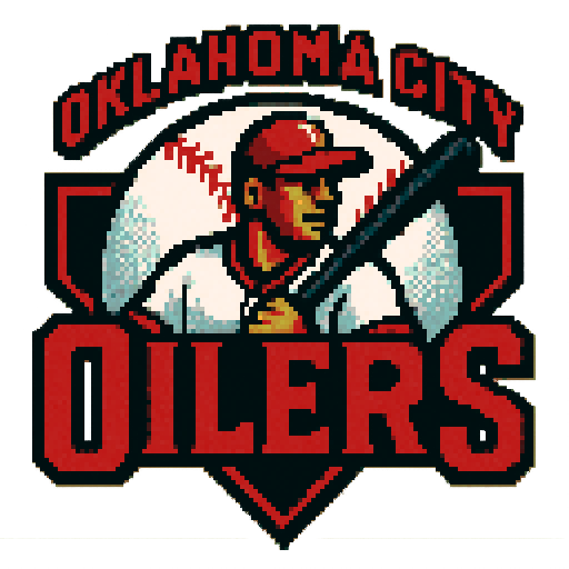 Pixel art of a fictional baseball team called the Oklahoma City Oilers. red, black and white, sharp outlines, and soft pixel shading. The logo design mimics 80s MLB logos. Use a vibrant Sega Genesis 16-bit style with selective dithering, geometric forms, and nostalgic retro charm. Avoid modern gradients—keep it pure pixel art.