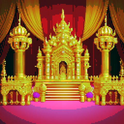 Golden litterbox, ornate and meticulously detailed, resembling a shrine of immense wealth, radiating opulence and extravagance, rendered in vibrant pixel art with rich hues and shimmering textures, evoking a sense of luxury and grandeur, bathed in the vibrant sRGB color space