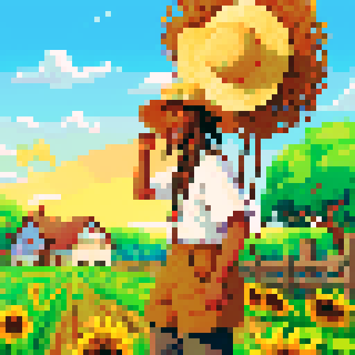 cute African American male farmer with dreads and a straw hat, pixel art, sRGB, vibrant colors, flourishing crops, cheerful sunflowers, bustling farm animals, rustic wooden fences, tranquil countryside, picturesque barn, bountiful harvest, idyllic farm life