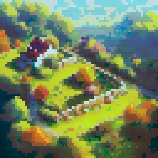 Scenery from elevated angle, farm village with fields, autumn