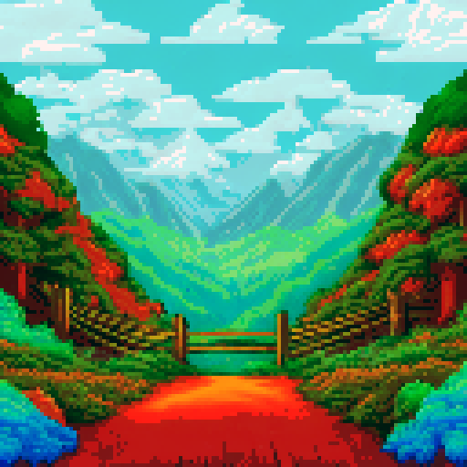 layered mountains, dense forest, wooden fence, vibrant colors, pixelated details, sRGB palette, serene background, picturesque landscape