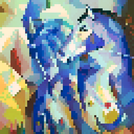 blue horse, galloping through a vibrant pixelated landscape, mane flowing with vibrant colors, surrounded by geometric shapes and bright blocky trees, showcasing the intricate details of pixel art