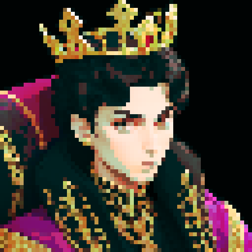prince, regal, metall crown, black crown, majestic, sharp features, accents, royal robe, intricate embroidery, game icon, 32x32 pixel art, sRGB, skill art, close up, portrait