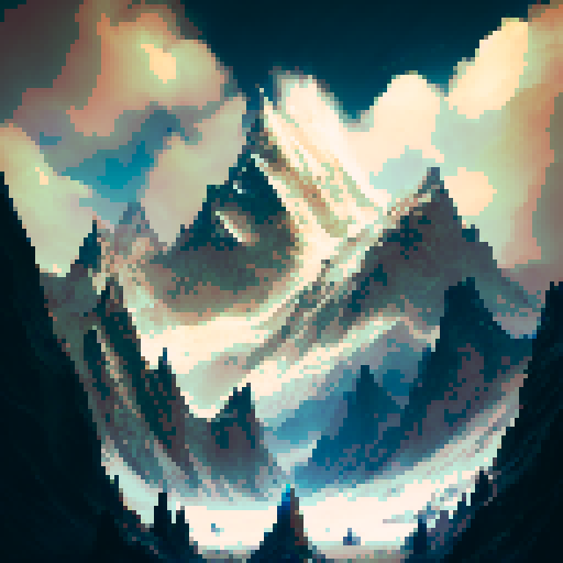 epic detailed mountain, towering over the vast landscape, with snow-capped peaks reaching towards the heavens, surrounded by swirling clouds and mystical creatures, reminiscent of a fantastical RPG world