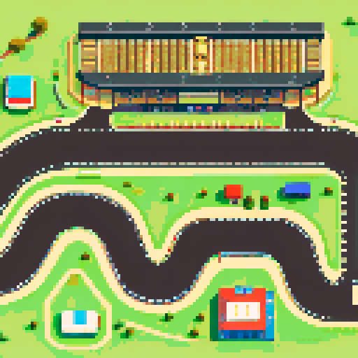 map of the race track, top view, road, grass, grandstands, small cars