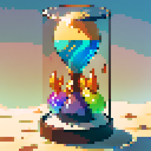 hourglass, sand flowing, retro colors, intricate details, transparent glass, shiny sand particles, modern design
