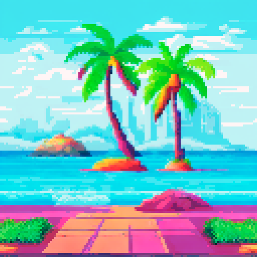 Palm trees swaying in the warm breeze, crystal clear ocean water lapping at the sandy shore, and colorful beach towels scattered across the landscape