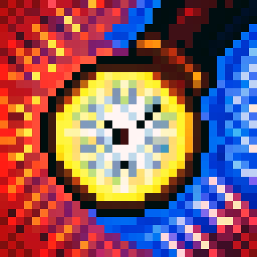 time icon, pixelated clock face, vibrant colors, bold outlines, 32x32 pixels, sRGB, skillfully designed, close up of clock hands, detailed shading, intricate texture, dynamic composition, captivating expression, game icon