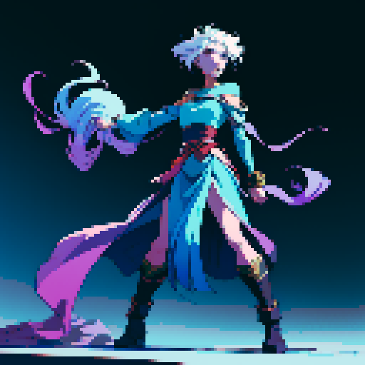 full-body art, sorceress with four arms, blue skin, facing right, ready to fight, surrounded by colorful magic, pixel art, sRGB