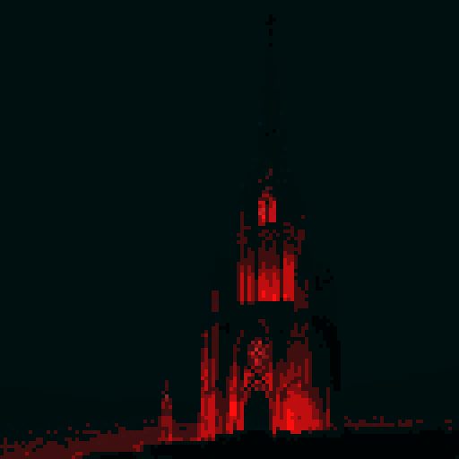 Gothic cathedral towering over a moonlit city, silhouetted figures in heavy armor, blood-red stained glass windows, rain-soaked cobblestone streets, flickering street lamps, menacing shadows, ethereal mist, brooding atmosphere, pixelated textures