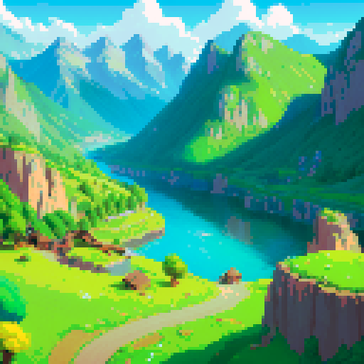 A serene side-scrolling landscape unfolds, featuring lush green fields that stretch endlessly. In the backdrop, majestic mountains rise with quiet grandeur. This picturesque scene, reminiscent of a side-scrolling game, seamlessly combines the tranquil beauty of expansive fields with the majestic presence of distant mountains, inviting exploration and capturing the essence of a digital adventure.