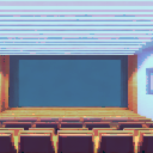 Cozy, subtle-colored landscape of a big, classy lecture hall in pixel art style with sRGB colors, showcasing the background and landscape