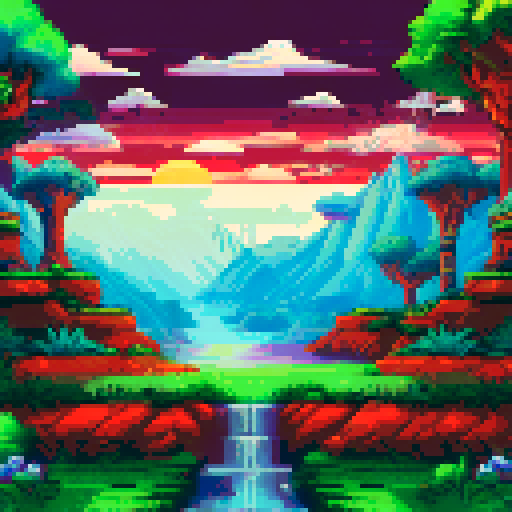 Wooden table centred, pixel art, sRGB, background with a serene landscape