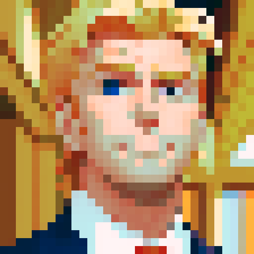 pixel art, 32x32, confident blonde man with orange-tinted skin, swept-back hair, wearing navy blue suit, red tie, and white shirt, smirking expression, bust-up portrait, simple light background, bold and cartoonish style

