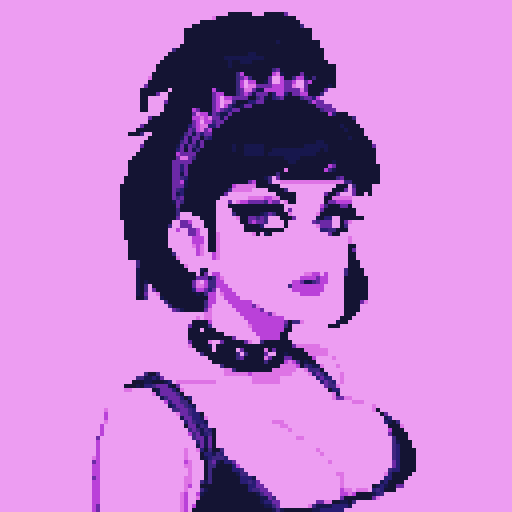 curvy, busty goth girl with black hair, purple eyeshadow, and lipstick, wearing a bikini and a studded collar, pixel art.