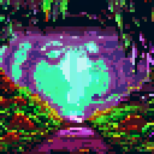foggy cave entrance, moss-covered stalactites, dimly lit, eerie atmosphere, winding path, ancient rock formations, ethereal glow, pixelated fog, sRGB color palette, pixel art style, detailed background, misty landscape