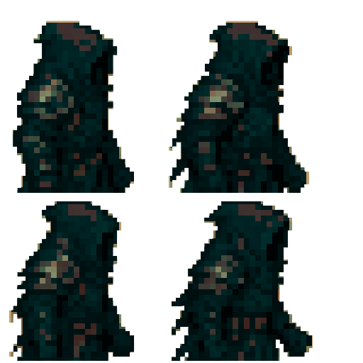 Prompt for creating 2D RPG hero sprites:

Character type:

A man in dark, heavy, hooded armor.

The image of a hidden hero, reminiscent of an assassin or a grim warrior.

Clothing and armor:

Hood concealing the face (no distinct features).

Dark armor with metal plates on the shoulders and arms.

A belt with several pouches or knives, possibly a dagger or short sword, hangs from the waist.

Twisted or torn fabric on the shoulders and hem, giving a mystical appearance.

Positions:

Side (profile