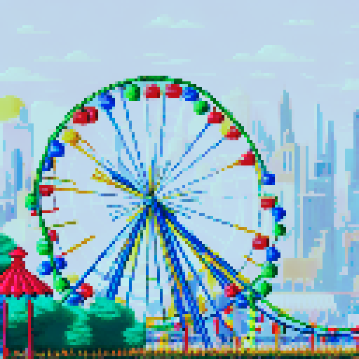 Amusement park, vibrant roller coasters, whimsical carousels, towering ferris wheels, sRGB colors, pixel art, detailed background, picturesque landscape
