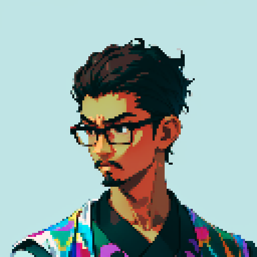 Southeast Asian man, short curly hair, round glasses, tanned, diamond shaped face, black eyes, age 25, wearing a robe, goatee