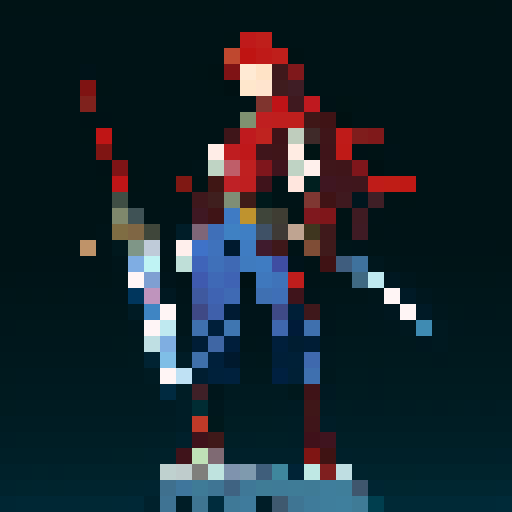 Sprite of a JRPG character with red hair, silver armor, blue pants and black shoes, holding a sword.