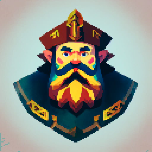 king, regal, crown, majestic, stoic expression, sharp features, detailed beard, gold accents, royal robe, intricate embroidery, game icon, 32x32 pixel art, sRGB, skill art, close up, portrait