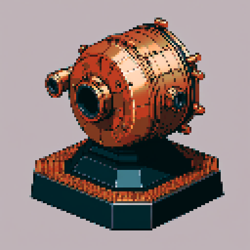 I want a copper structure reminiscent of the base of a gun turret. The design should be relatively simple. I also want this object usable as an asset in a videogame, meaning only one object per image, outlined with a strong black stroke, on a solid-color background.
