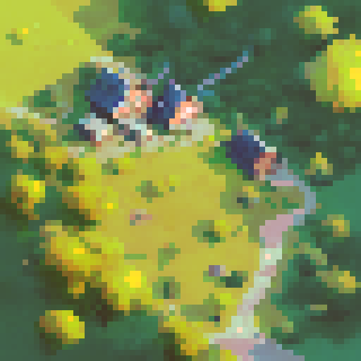 Scenery from elevated angle, farm village with fields, autumn