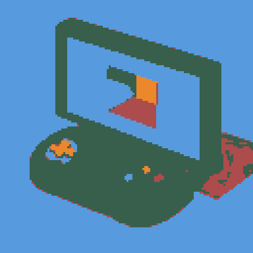 n64 game console, cabin with "start" screen, pixel art, sRGB