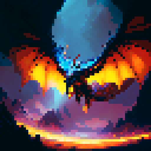 Fiery dragon with shimmering scales, wings spread wide as it soars through a cloudy sky, spewing flames from its monstrous jaws with a backdrop of a mystical kingdom in a fantasy RPG style