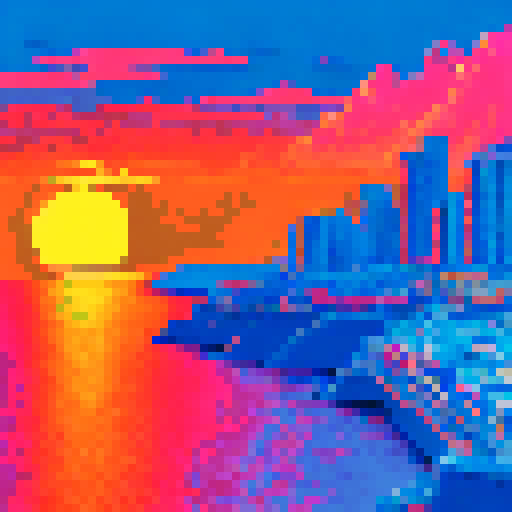 Monaco skyline at dawn, overlooking the azure sea, with a pixelated Formula 1 car zooming past in the foreground against a vibrant sRGB background