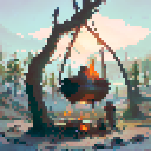 A rustic cauldron, bubbling over a roaring bonfire.