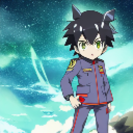 "Fierce anime pilots, a commanding officer with a stern expression amidst a starry galactic background."