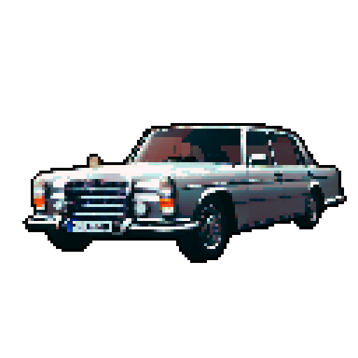 Photorealistic whole Mercedes-Benz 600 SEL, three-quarter view, right front wheel, clean background, sRGB colors, pixel art style
