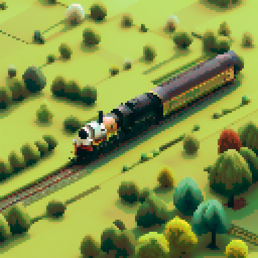 Rustic locomotive chugs through rolling hills, verdant fields, and quaint villages in the lush English countryside, rendered in stunning pixel art with a vibrant sRGB color palette