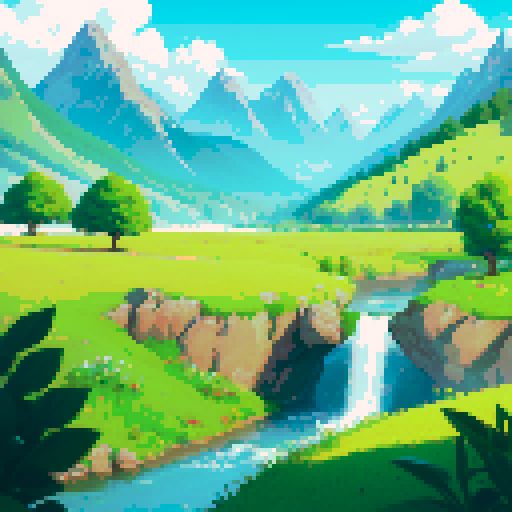A serene side-scrolling landscape unfolds, featuring lush green fields that stretch endlessly. In the backdrop, majestic mountains rise with quiet grandeur. This picturesque scene, reminiscent of a side-scrolling game, seamlessly combines the tranquil beauty of expansive fields with the majestic presence of distant mountains, inviting exploration and capturing the essence of a digital adventure.