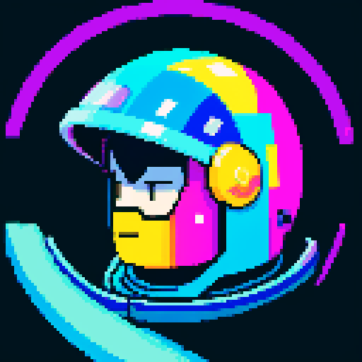 space traveler in vibrant pixel art spacesuit, with a helmet showcasing a reflective visor, surrounded by swirling galaxies, twinkling stars, and celestial wonders, all rendered in space color palette.
