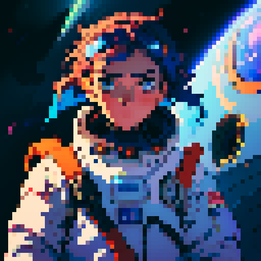 androgynous astronaut, vibrant spacesuit, floating gracefully, starry backdrop, nebula hues, pixelated stars, determined gaze, reflective clear visor, visible face, cosmic energy, self-discovery in space, sRGB, pixel art