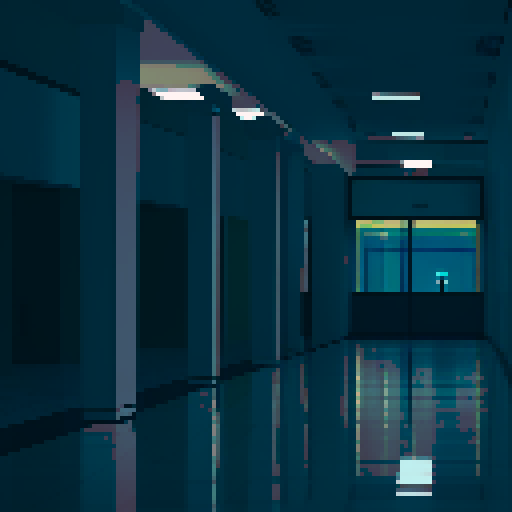 empty mall viewed from the inside, wide dark corridors, large pillars, somber mood, nostalgic feel, retro