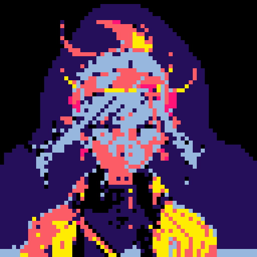 cyberpunk space trader sprite, pixel art, futuristic design, cybernetic arm with intricate detailing, glowing yellow-orange visor over the eyes, trench coat with glowing lines, blue and teal color palette with neon pink and yellow accents, distinct sci-fi aesthetic, confident posture, mid-step left first, left left bent and raised, arms extended, pixel art, sRGB