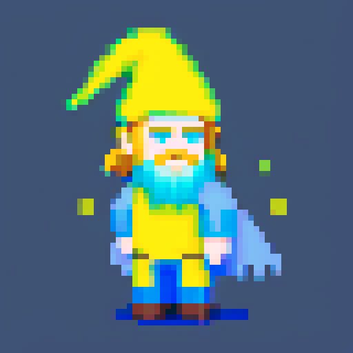 Create a pixel art character of a whimsical wizard. The wizard should wear a blue robe covered with yellow stars and a matching pointy hat. He should have a playful grin