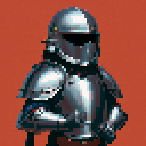 weaponsmith portrait, middle ages, plate armor, helmet, pixel art, non-vibrant colors