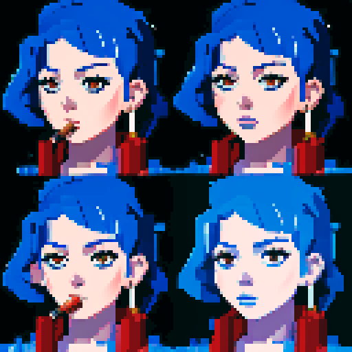 Blue haired 90s pop girl, smoking a cigarette, downtown, in the rain, gritty