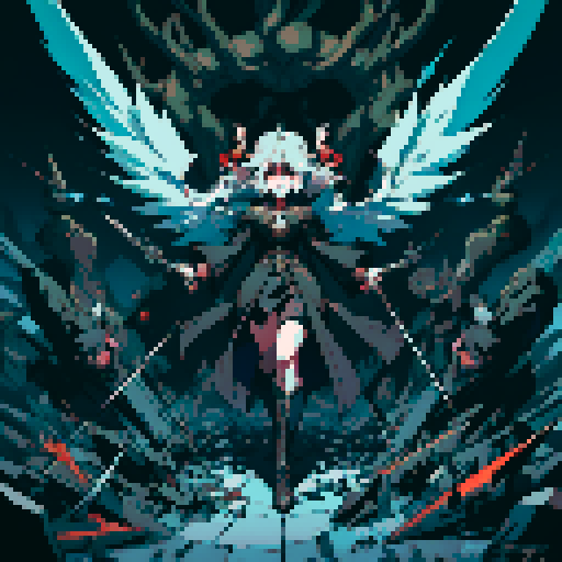 evil villain, angel with horns, wings made of broken glass shards, sharp spikes jutting from ground at feet