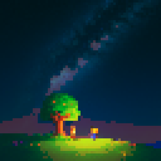 A serene, pixel-art cover image in Stardew Valley-inspired anime style. The main character sits on a grassy hill at night, silhouetted against a vast, star-filled sky. Beside him, the ghostly figure of his sister kneels, wrapping her arms around him in a comforting embrace. Both are gazing at a glowing, incomplete constellation of seven stars that dominates the sky, shimmering with mystical light. The hill is simple, dotted with faint wildflowers, while the stars and the celestial atmosphere are