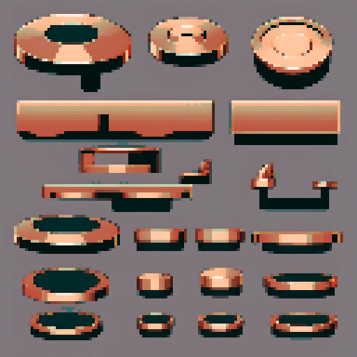 I want a horizontally wide circular copper platform. I want this object usable an asset in a videogame, meaning only one object per image, outlined with a strong black stroke, on a solid-color background. 