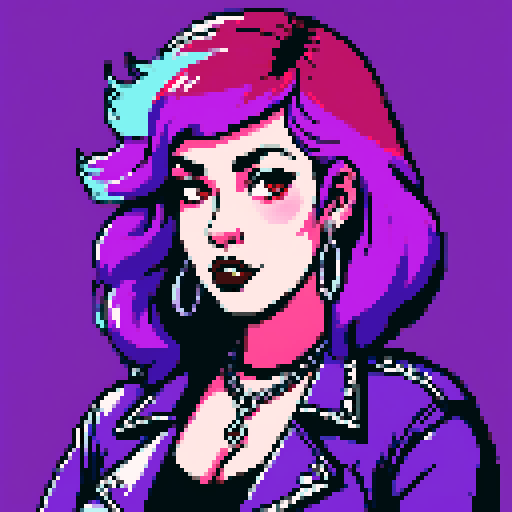 Plus size busty greaser goth girl, with long purple hair, eyeliner, red lipstick. wearing a studded collar. Posing for a face portrait, avatar photo. vibrant sRGB colors, pixel art, edgy aesthetic