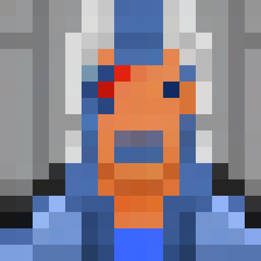 sky blue background, guy with blue eyes and blue headphones and white hair