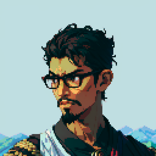 Southeast Asian man, short curly hair, round glasses, tanned, goatee, diamond shaped face, black eyes, age 25, wearing a cloaks